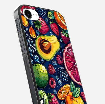 Cute Fruits Art Glass Case for iPhone 16e close-up highlighting fruit shapes, color tones, and reflection polish