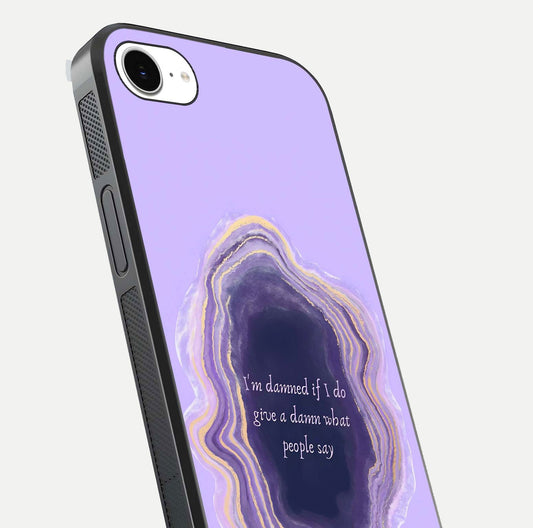 Damned People Quote Glass Case for iPhone 16e close-up highlighting quote text and reflection depth