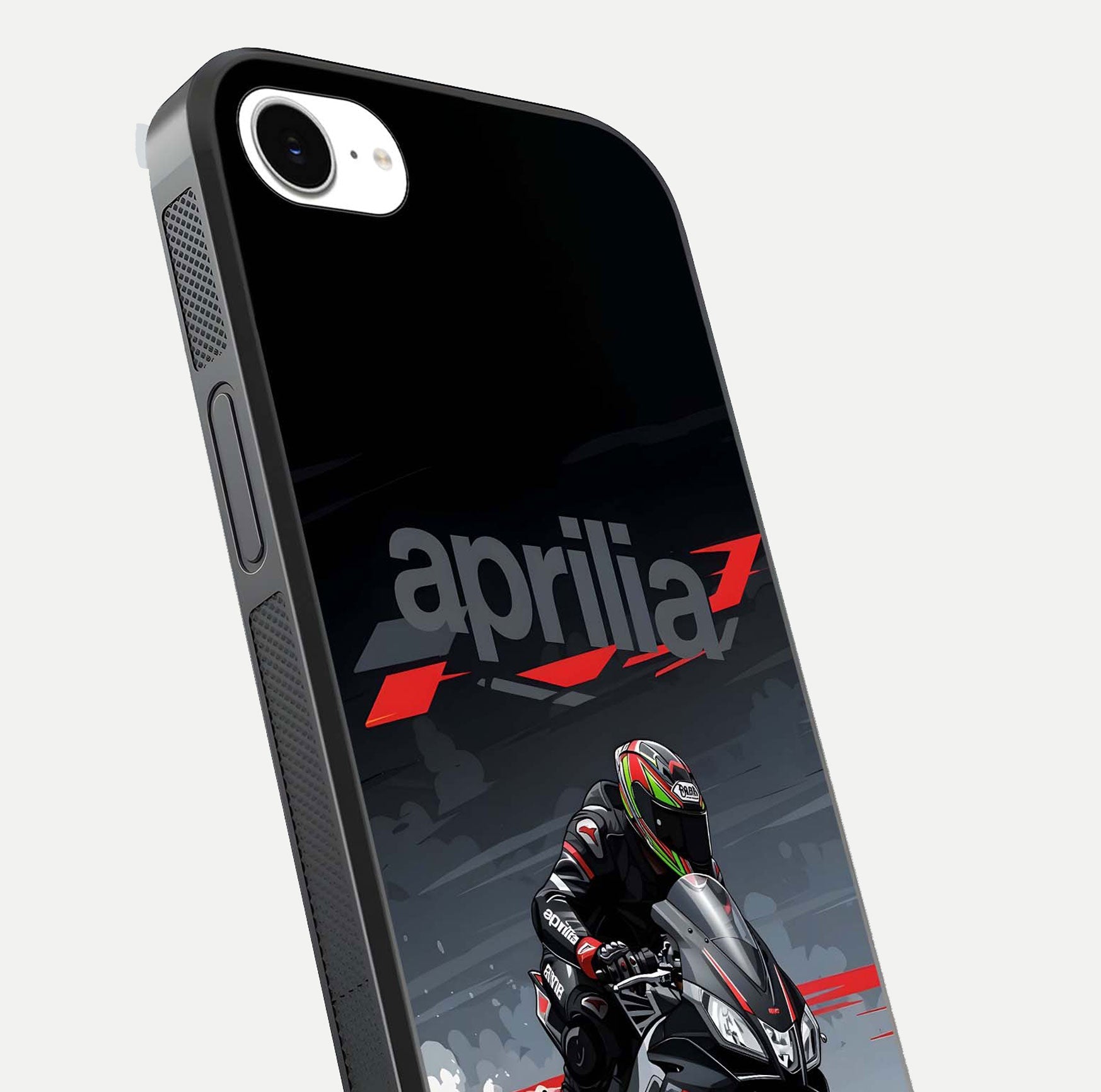 Dark Aprilla Glass Case for iPhone 16e close-up highlighting detailing and reflection effect