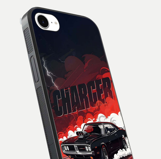 Dark Charger Fury Glass Case for iPhone 16e close-up highlighting car reflection and light gloss