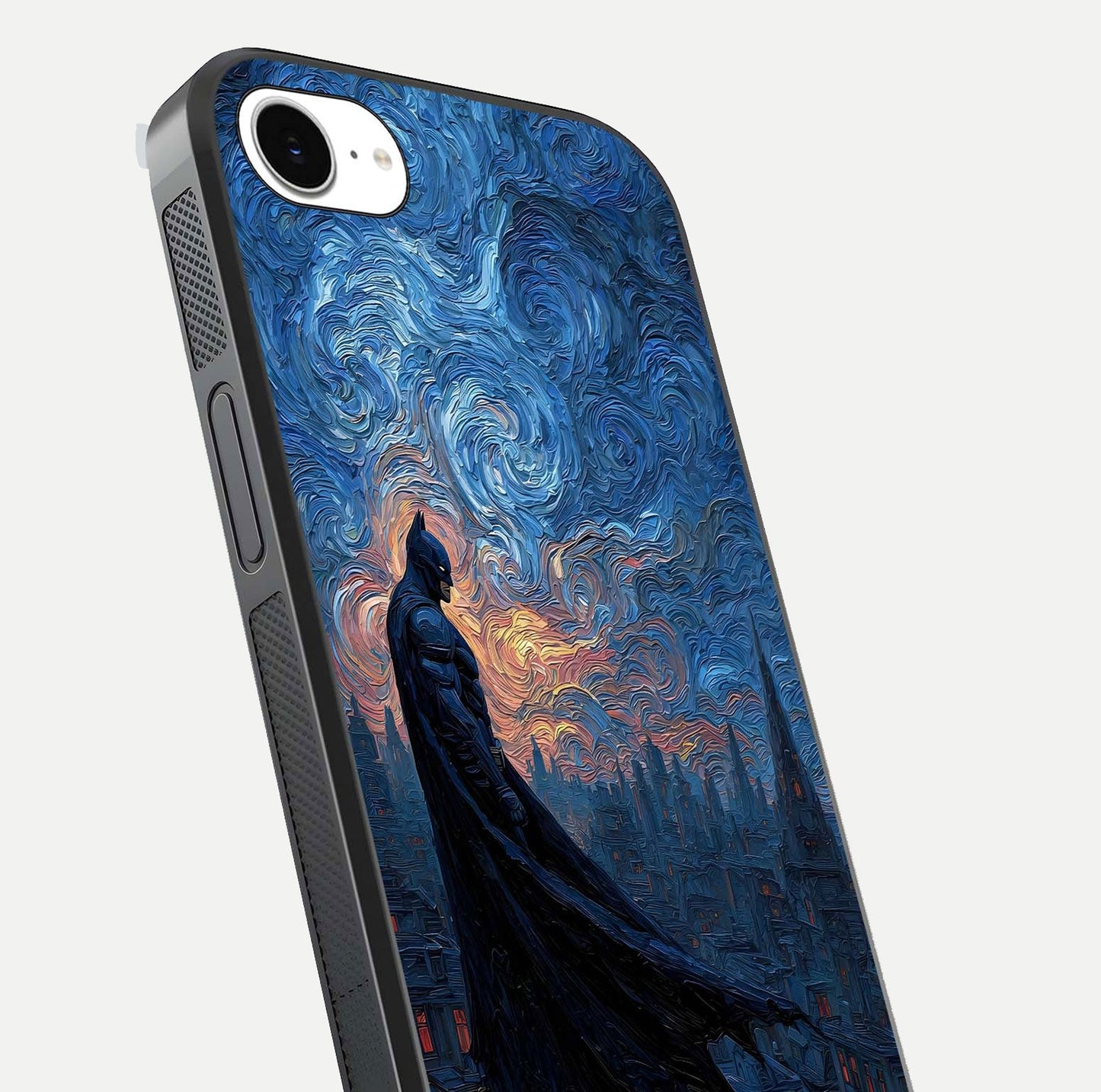 Dark Knight Dusk Glass Case for iPhone 16e close-up highlighting dark suit texture and reflection detail