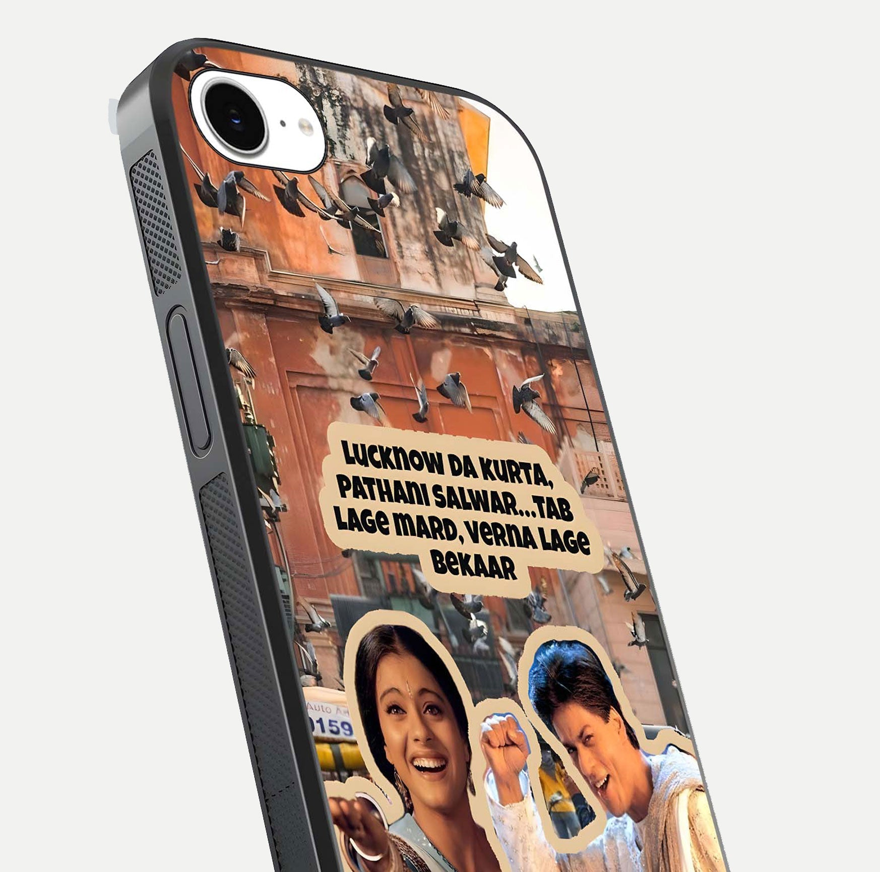 Desi Retro Vibes Glass Case for iPhone 16e close-up highlighting retro color palette and reflection glow