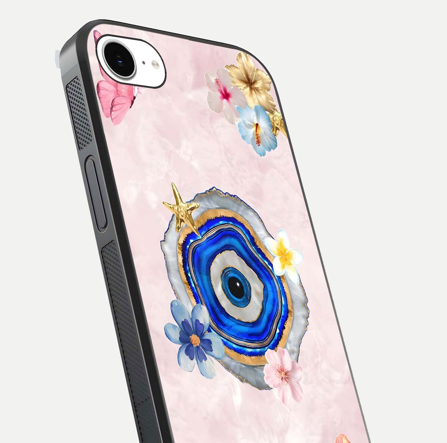 Divine Aura Bloom Glass Case for iPhone 16e close-up highlighting flower glow and reflection tone