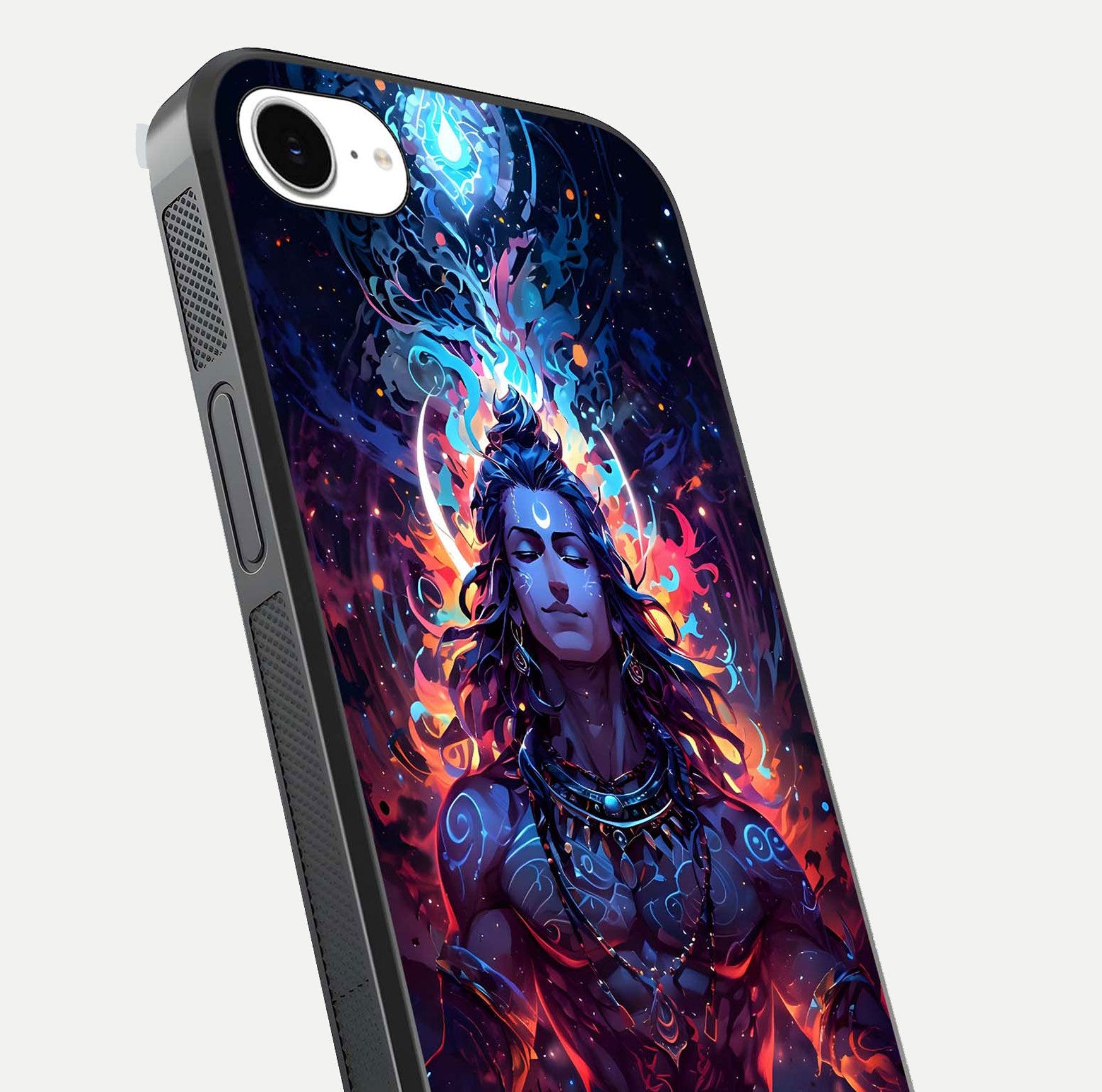Divine Fire Shiv Glass Case for iPhone 16e close-up highlighting divine detailing and reflection depth