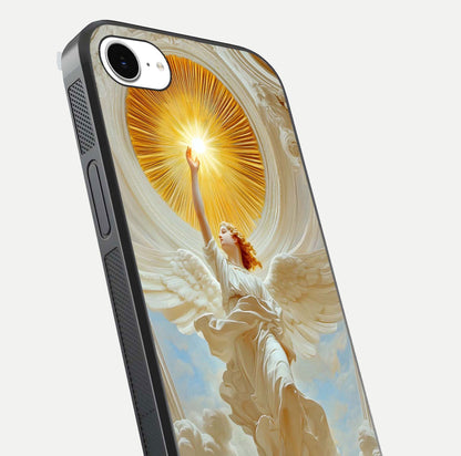 Divine Light Angel Glass Case for iPhone 16e close-up highlighting light rays and glass reflection