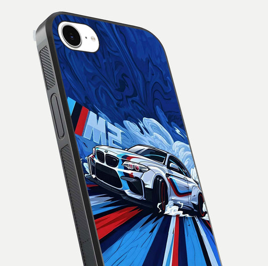 Drift Power Rush Glass Case for iPhone 16e close-up highlighting car reflection and metallic tones