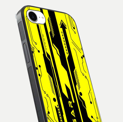 Electric Pulse CYBERPUNK Custom Name Glass Case for iPhone 16e close-up highlighting tech pattern, lighting effect, and reflection shine
