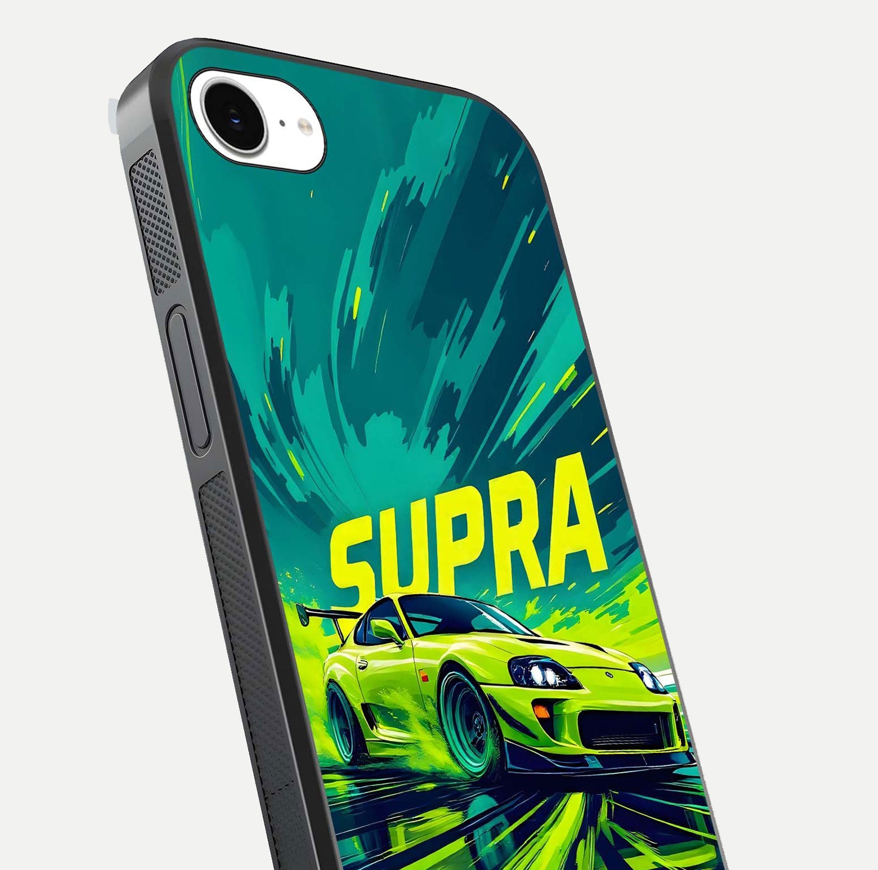 Electric Supra Thunder Glass Case for iPhone 16e close-up highlighting car reflection, neon tones, and gloss polish