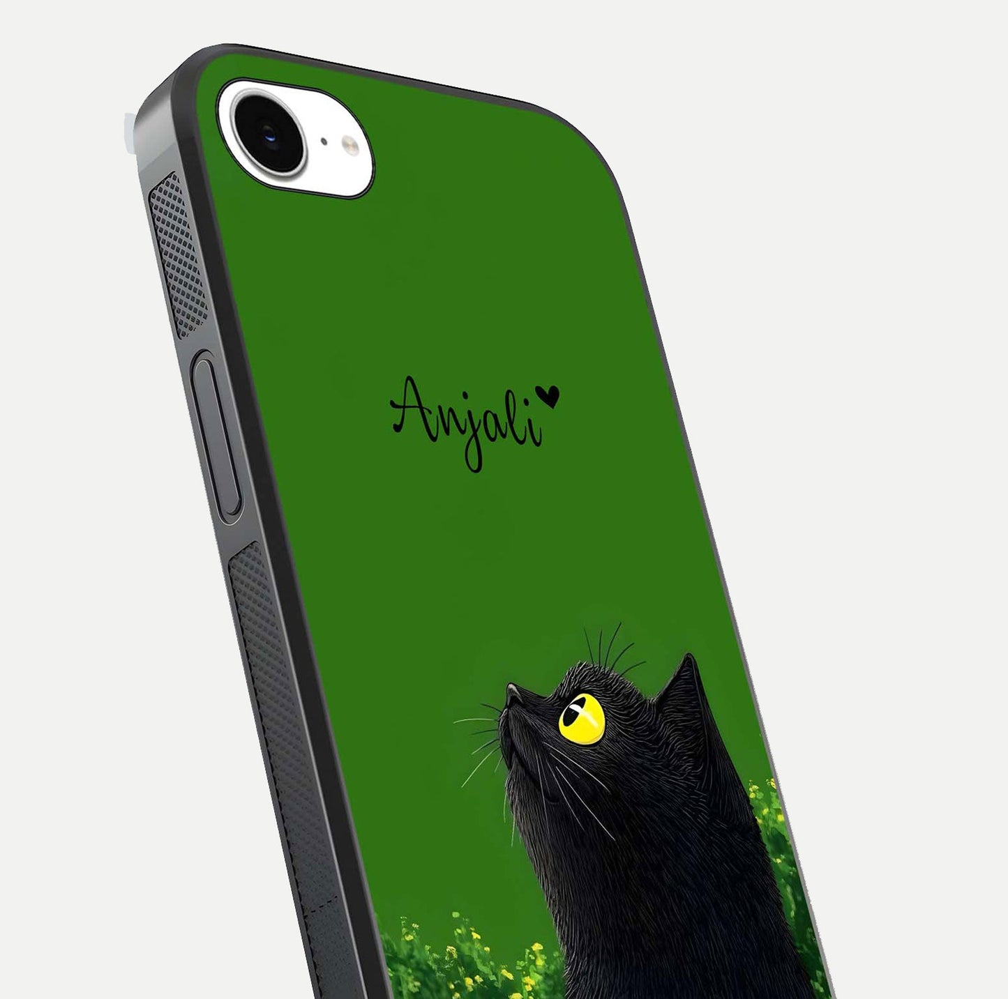 Emerald Cat Custom Name Glass Case for iPhone 16e close-up highlighting feline detail, emerald hues, and reflection polish