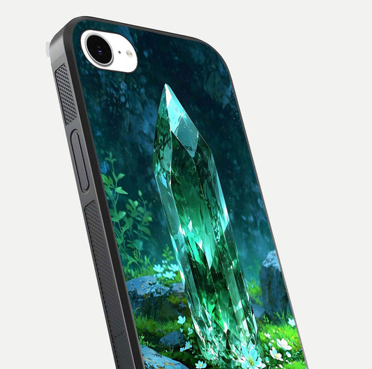 Emerald Light Crystal Glass Case for iPhone 16e close-up highlighting crystal texture and reflection glow
