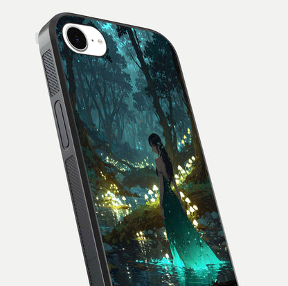 Enchanted Forest Glow Glass Case for iPhone 16e close-up highlighting trees, lights, and reflection texture