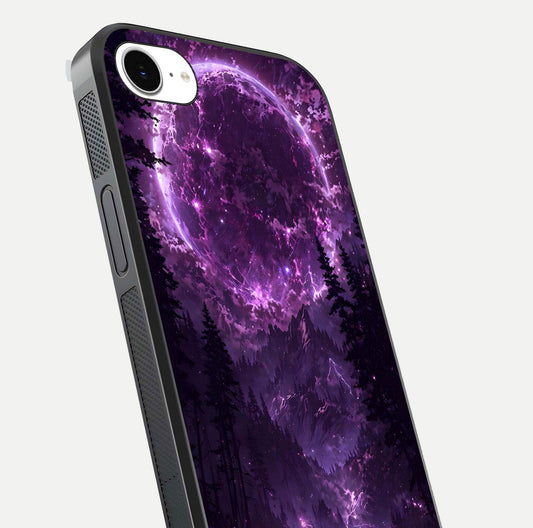 Eternal Cosmic Drive Glass Case for iPhone 16e close-up highlighting cosmic lights and reflection depth