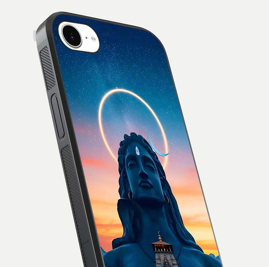 Eternal Shiva Aura Glass Case for iPhone 16e close-up highlighting divine detailing and reflection light