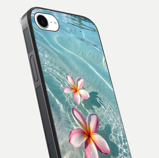 Floating Bloom Bliss Glass Case for iPhone 16e close-up highlighting petal detail and reflection tone
