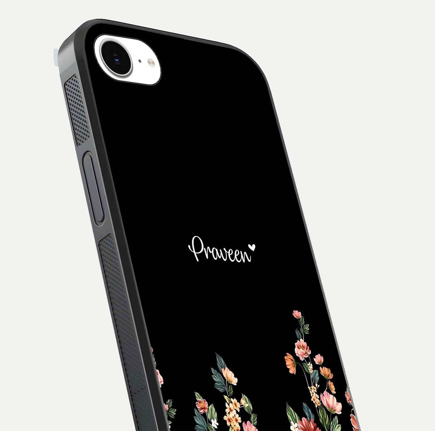 Floral Design Personalized Custom Name Glass Case for iPhone 16e close-up highlighting name clarity, petals, and gloss