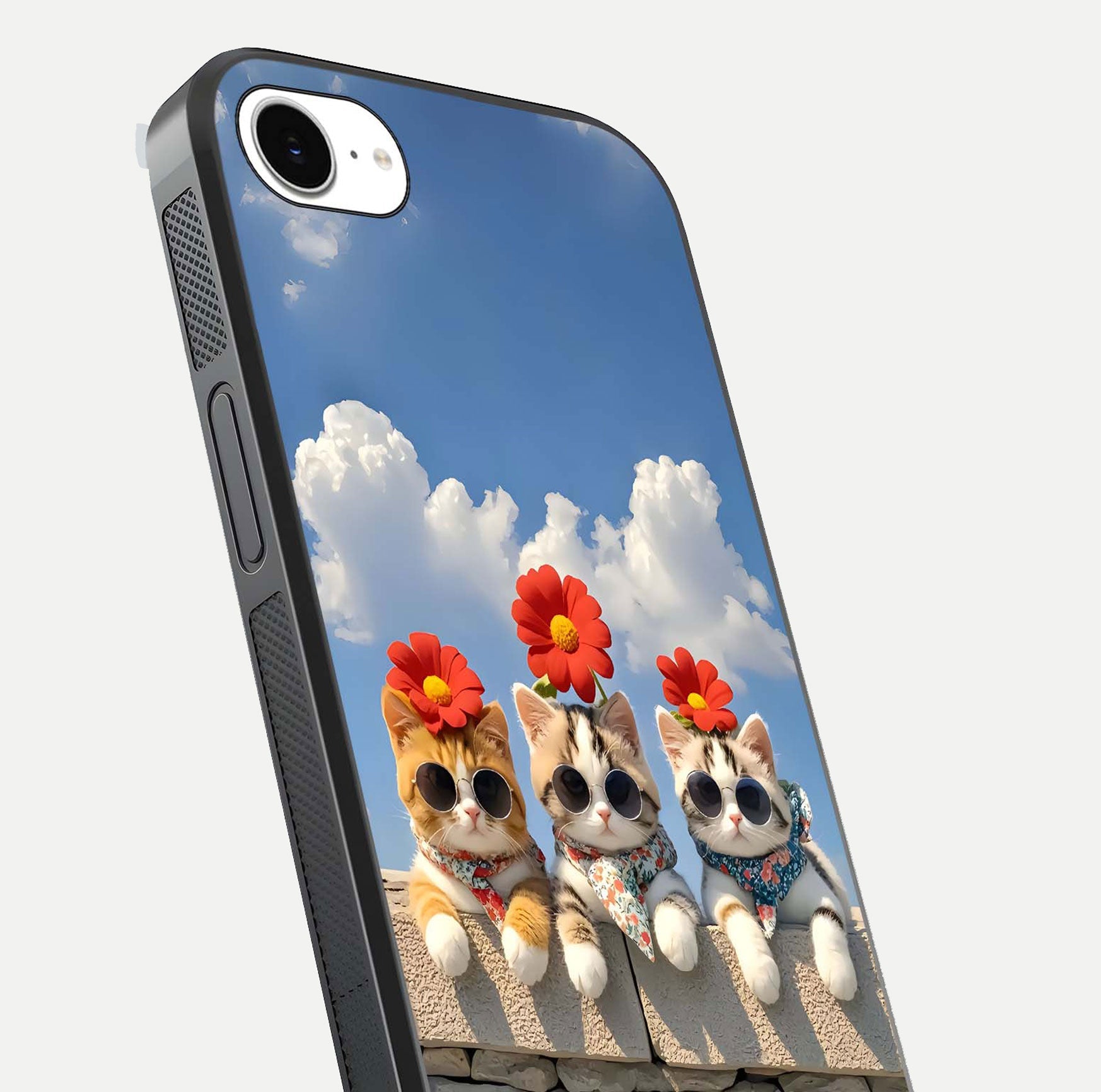 Floral Kitty Squad Glass Case for iPhone 16e close-up highlighting cat detail and flower patterns with HD shine