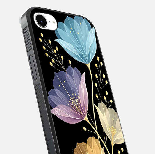 Flower Bloom Glow Glass Case for iPhone 16e close-up highlighting bloom detail and reflection polish