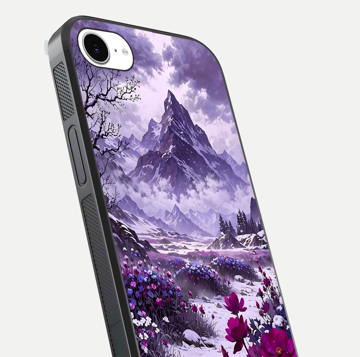Flower Mountain View Glass Case for iPhone 16e close-up highlighting petal details and sky reflection