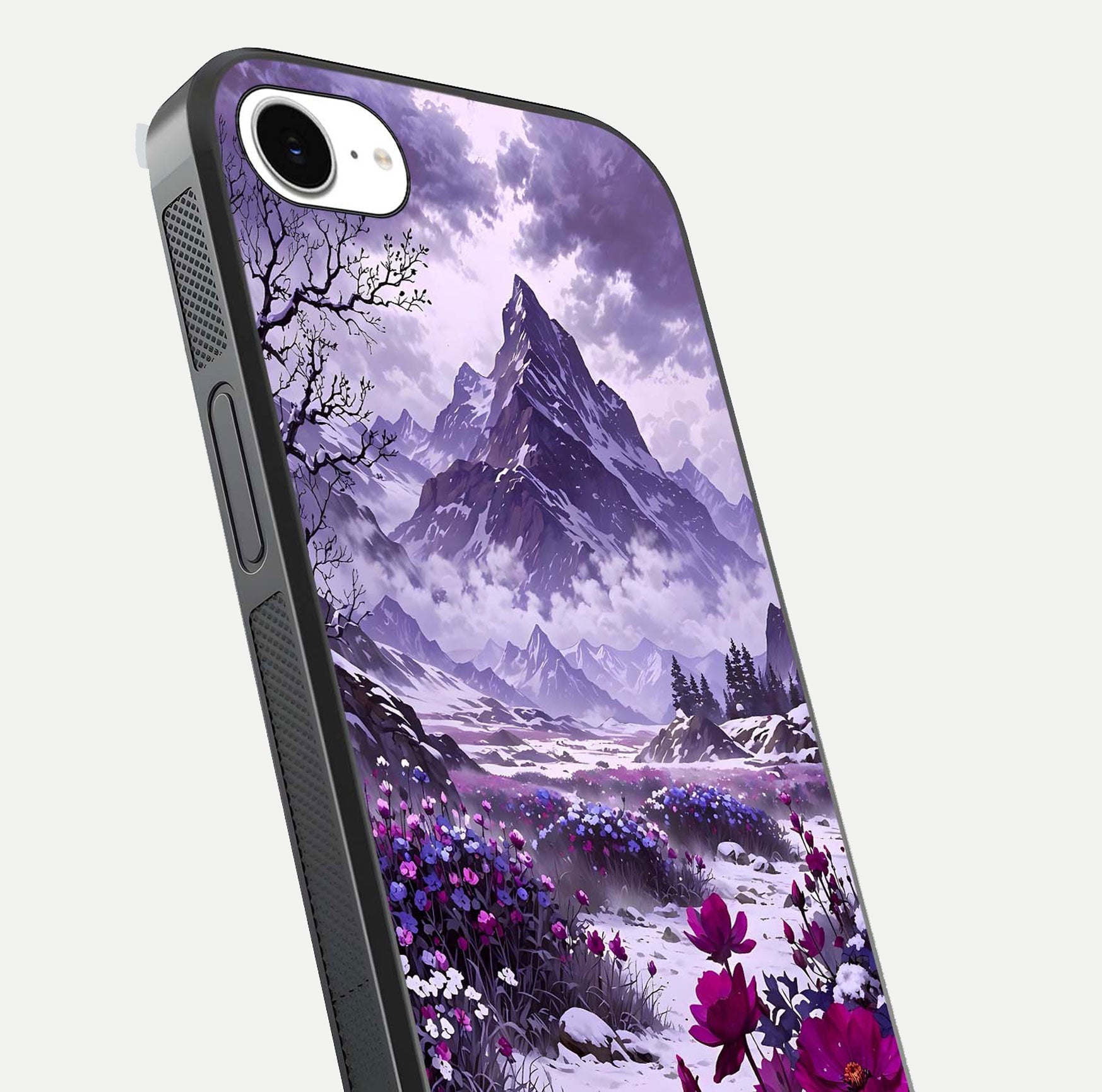 Flower Mountain View Glass Case for iPhone 16e close-up highlighting petal details and sky reflection