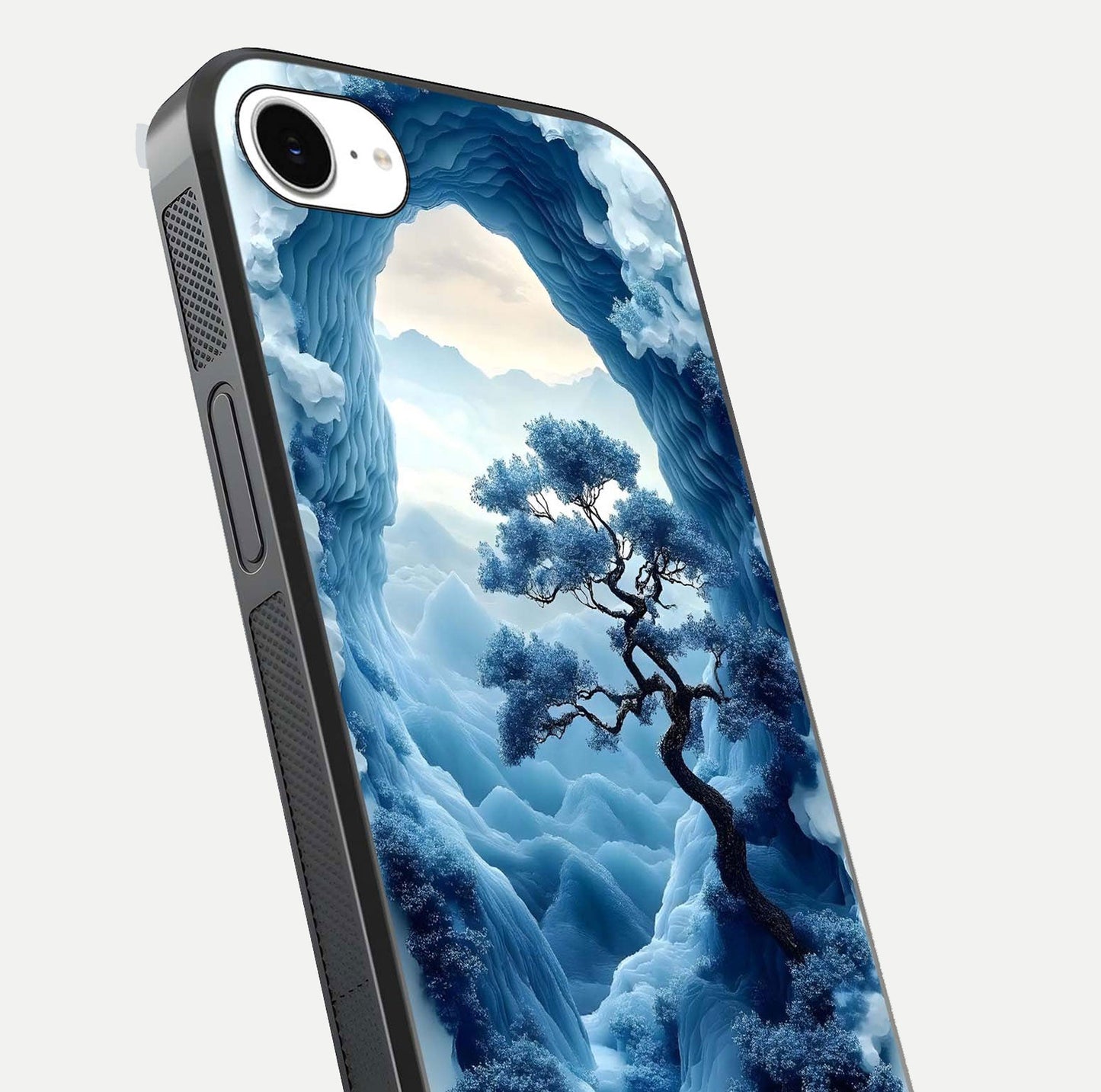 Frozen Serenity Gate Glass Case for iPhone 16e close-up highlighting frosted texture and reflection tone