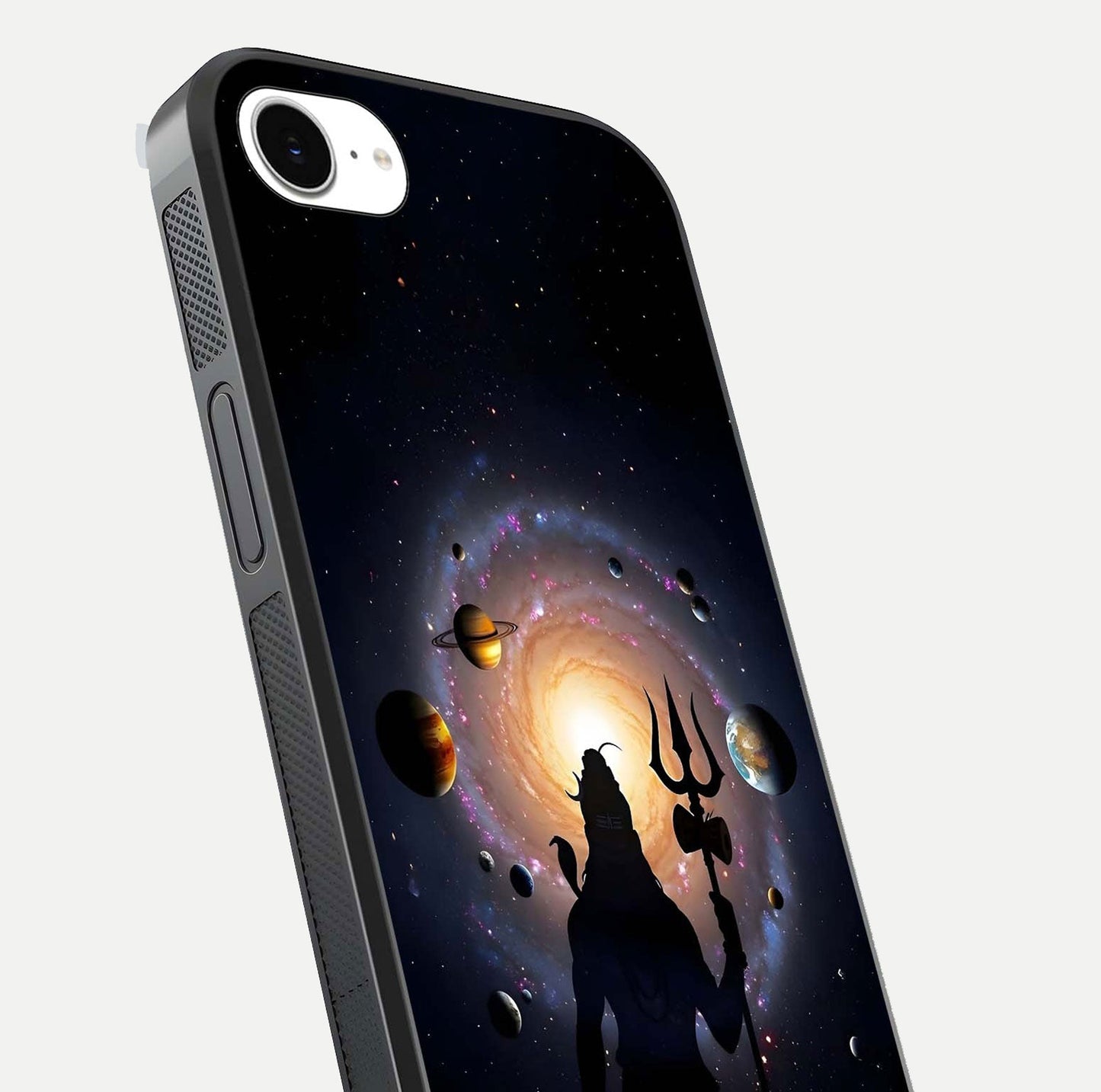 Galactic Shiva Vision Glass Case for iPhone 16e close-up angled shot highlighting divine aura, trident details, and reflection shine