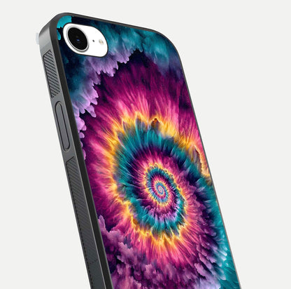 Galactic Spiral Burst Glass Case for iPhone 16e close-up angled shot showing spiral burst detail, neon tones, and glossy reflection