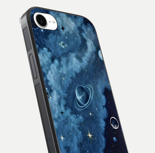 Galaxy Dream Space Glass Case for iPhone 16e close-up angled shot highlighting nebula details and reflection shine