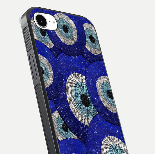 Galaxy Eye Flow Glass Case for iPhone 16e close-up angled shot showing vivid swirl detail and reflection brightness