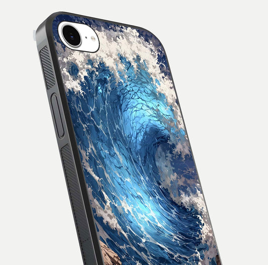 Giant Ocean Wave Glass Case for iPhone 16e close-up angled shot showing wave texture and water reflection shine