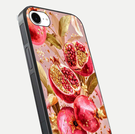 Golden Bloom Glow Glass Case for iPhone 16e close-up angled shot showing metallic tones and reflection brilliance