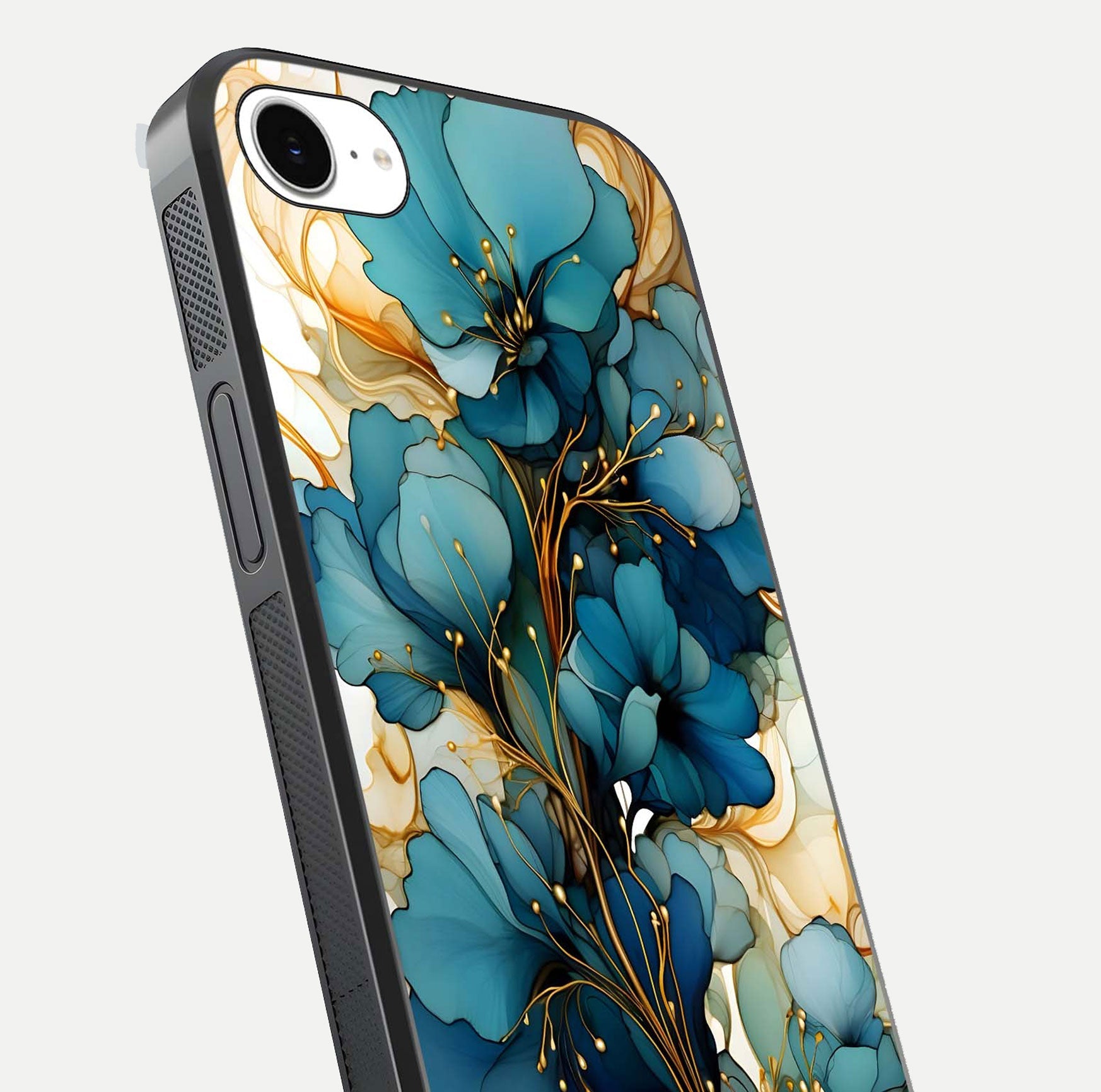 Golden Bloom Symphony Glass Case for iPhone 16e close-up angled shot showing detailed petals and metallic gold reflection