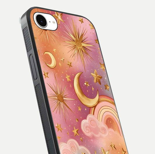 Golden Celestial Dreams Glass Case for iPhone 16e close-up angled shot showing cosmic gold tones and reflection shine