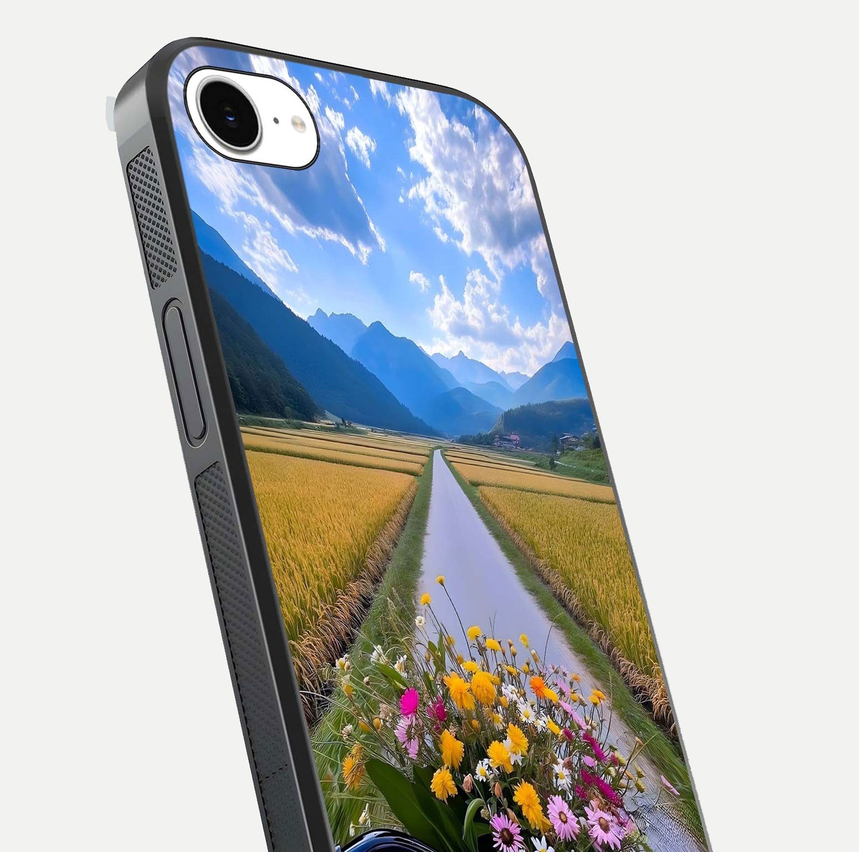 Golden Field Journey Glass Case for iPhone 16e close-up angled shot showing sunlight tones and reflection clarity