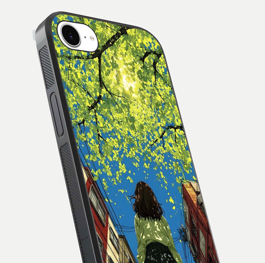 Golden Leaves Glow Glass Case for iPhone 16e close-up angled shot showing fine leaf texture and reflection shine