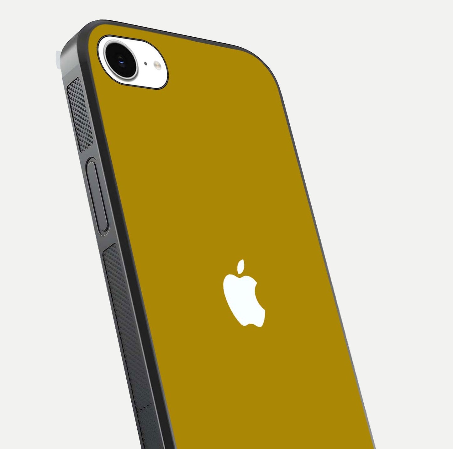 Golden Luxe Aura Glass Case for iPhone 16e close-up angled shot showing metallic shine and light reflection