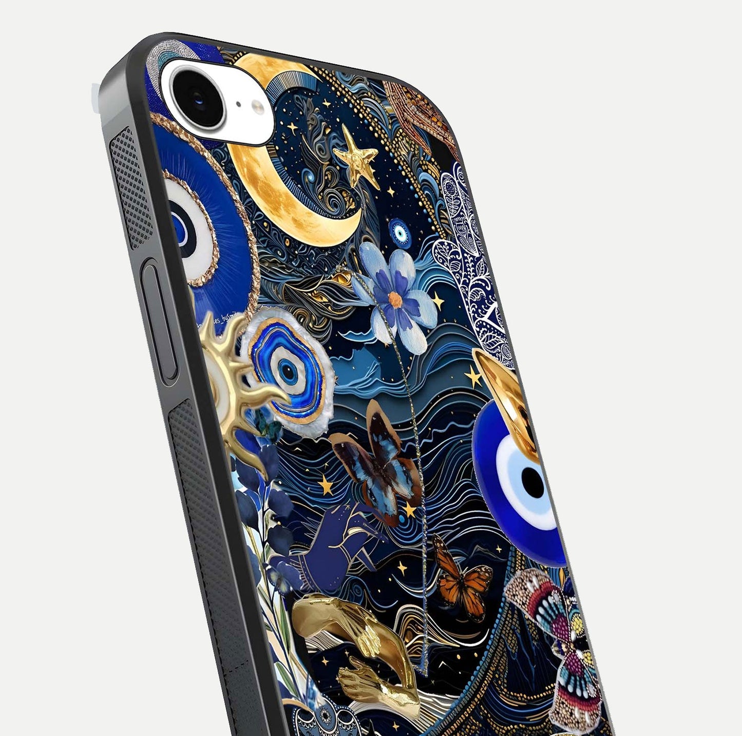 Golden Moon Magic Glass Case for iPhone 16e close-up angled shot showing lunar glow, star detail, and reflection brightness
