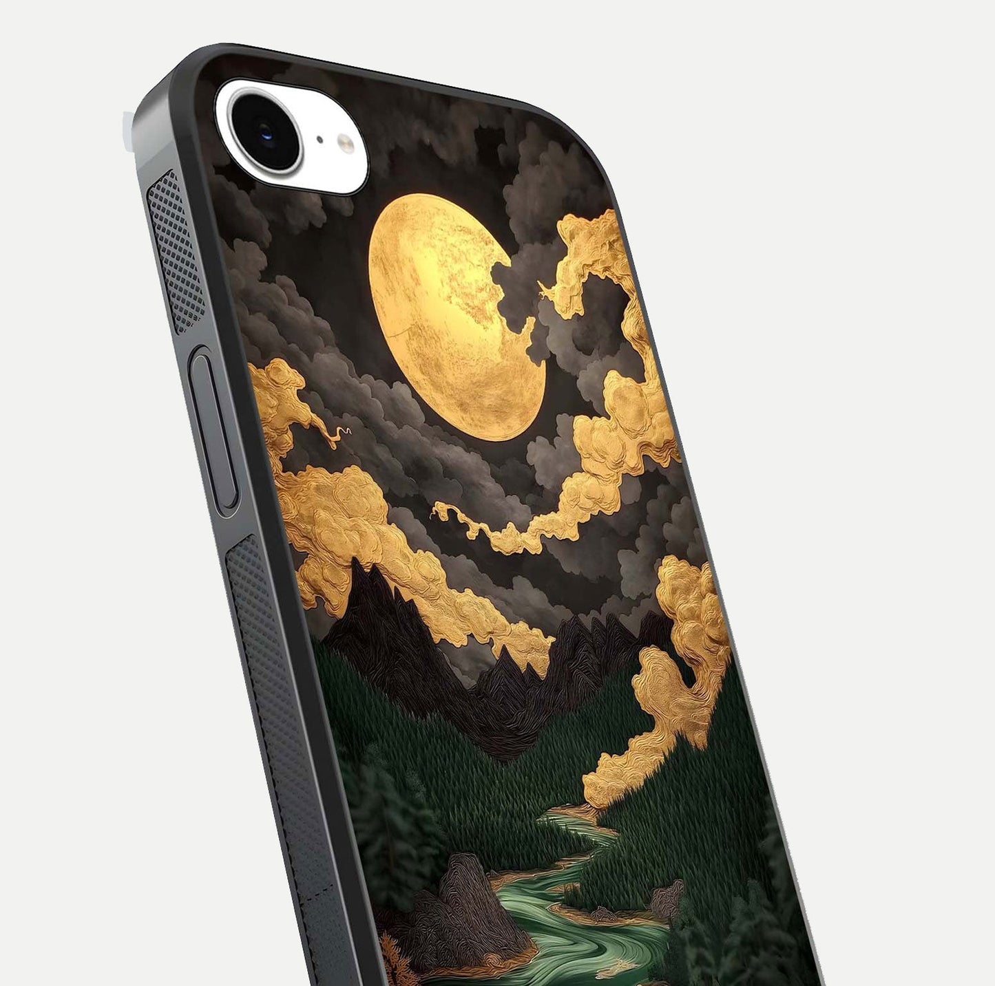 Golden River Moon Glass Case for iPhone 16e close-up angled shot showing moon reflection and water shine