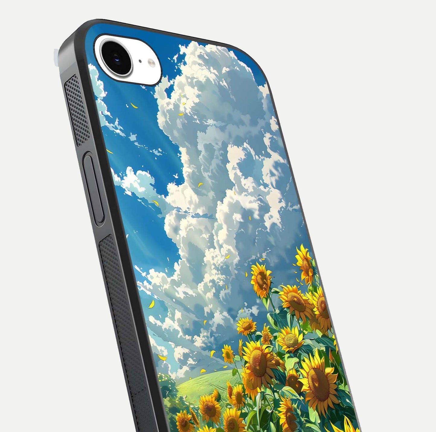 Golden Sun Glory Glass Case for iPhone 16e close-up angled shot showing sunlight reflection and gold detailing