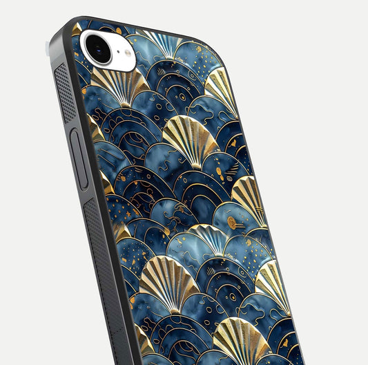 Golden Wave Luxe Glass Case for iPhone 16e close-up angled shot showing flowing wave texture and reflection brightness
