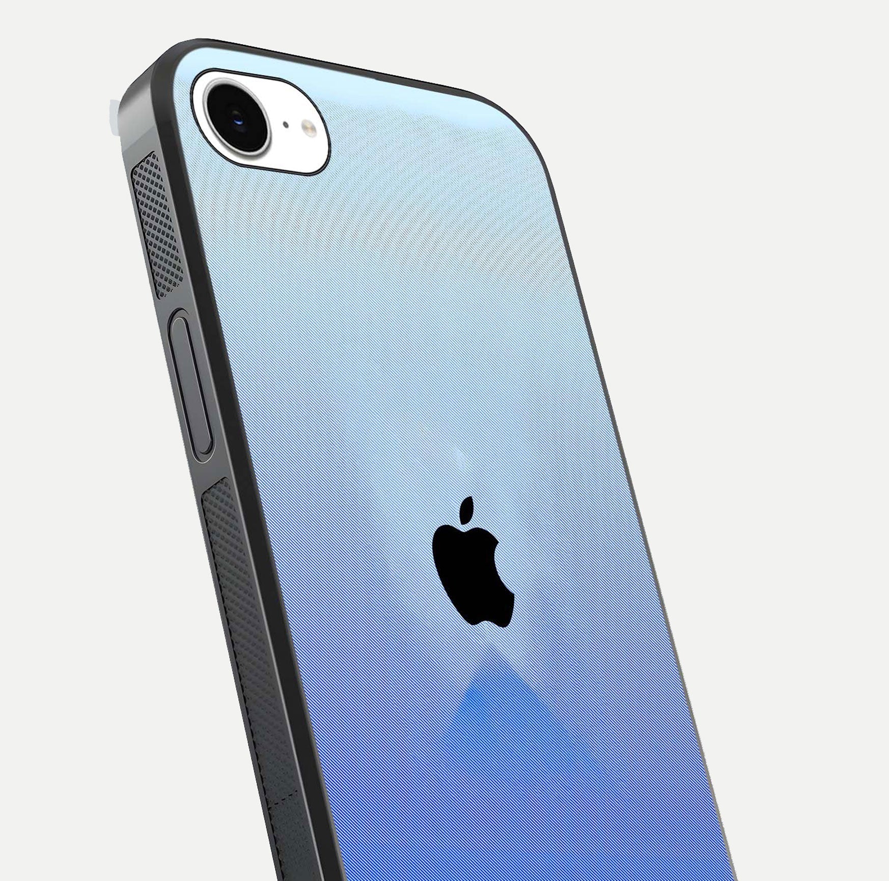 Gradient Apple Vibe Glass Case for iPhone 16e close-up angled shot showing color transition and reflection brightness