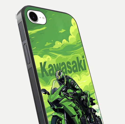 Green Kawasaki Glass Case for iPhone 16e close-up angled shot showing sporty line details and reflection shine