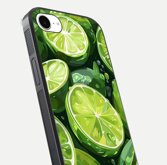 Green Lemon Glass Case for iPhone 16e close-up angled shot showing lemon slice texture and reflection brightness