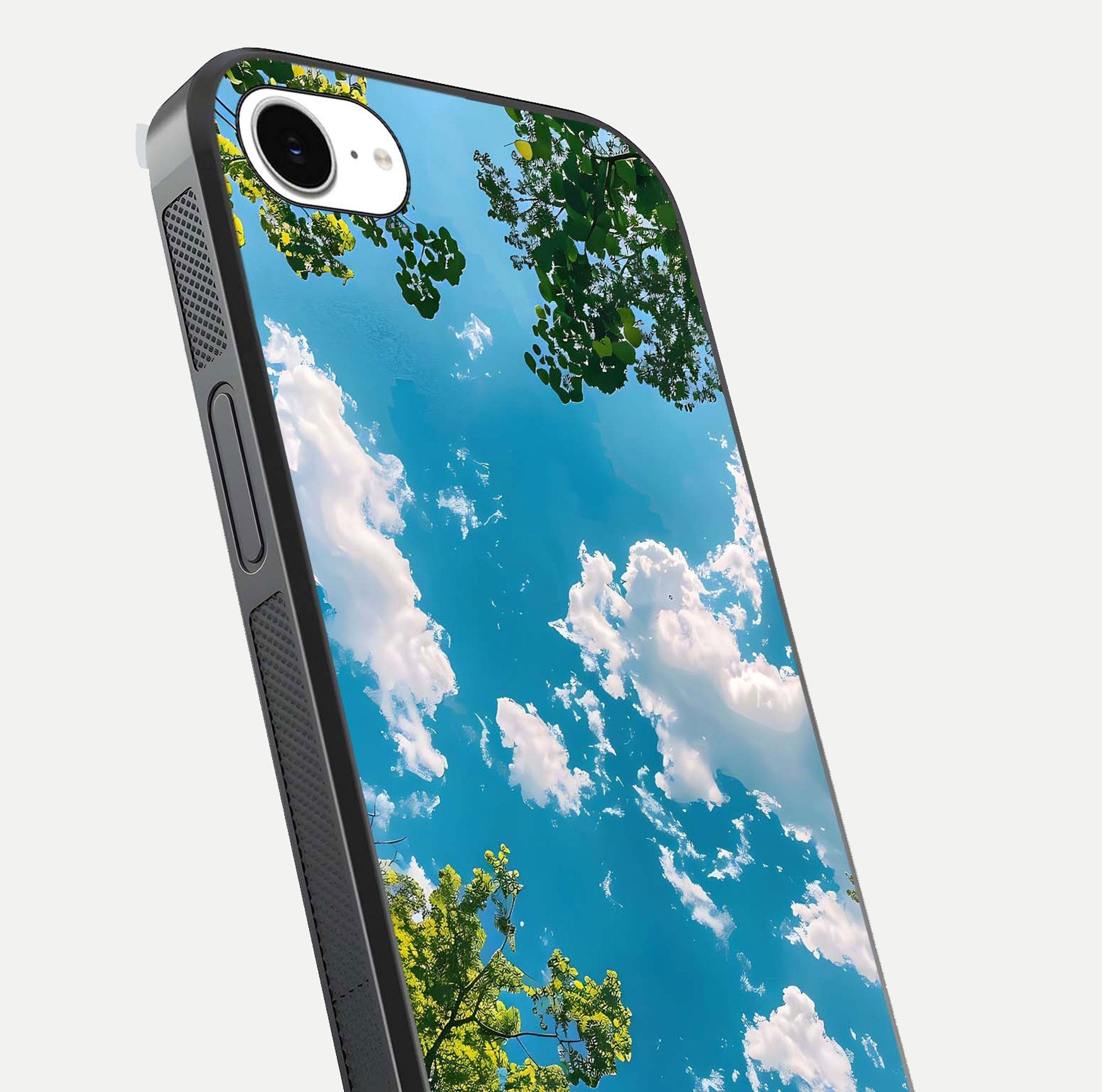 Greenery Sky Glass Case for iPhone 16e close-up angled shot showing leafy tones and reflection brightness
