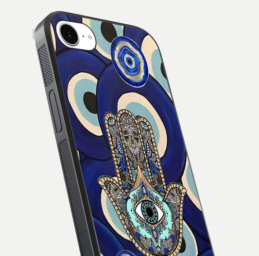 Hamsa Divine Guard Glass Case for iPhone 16e close-up angled shot showing detailed palm motif and reflection glow