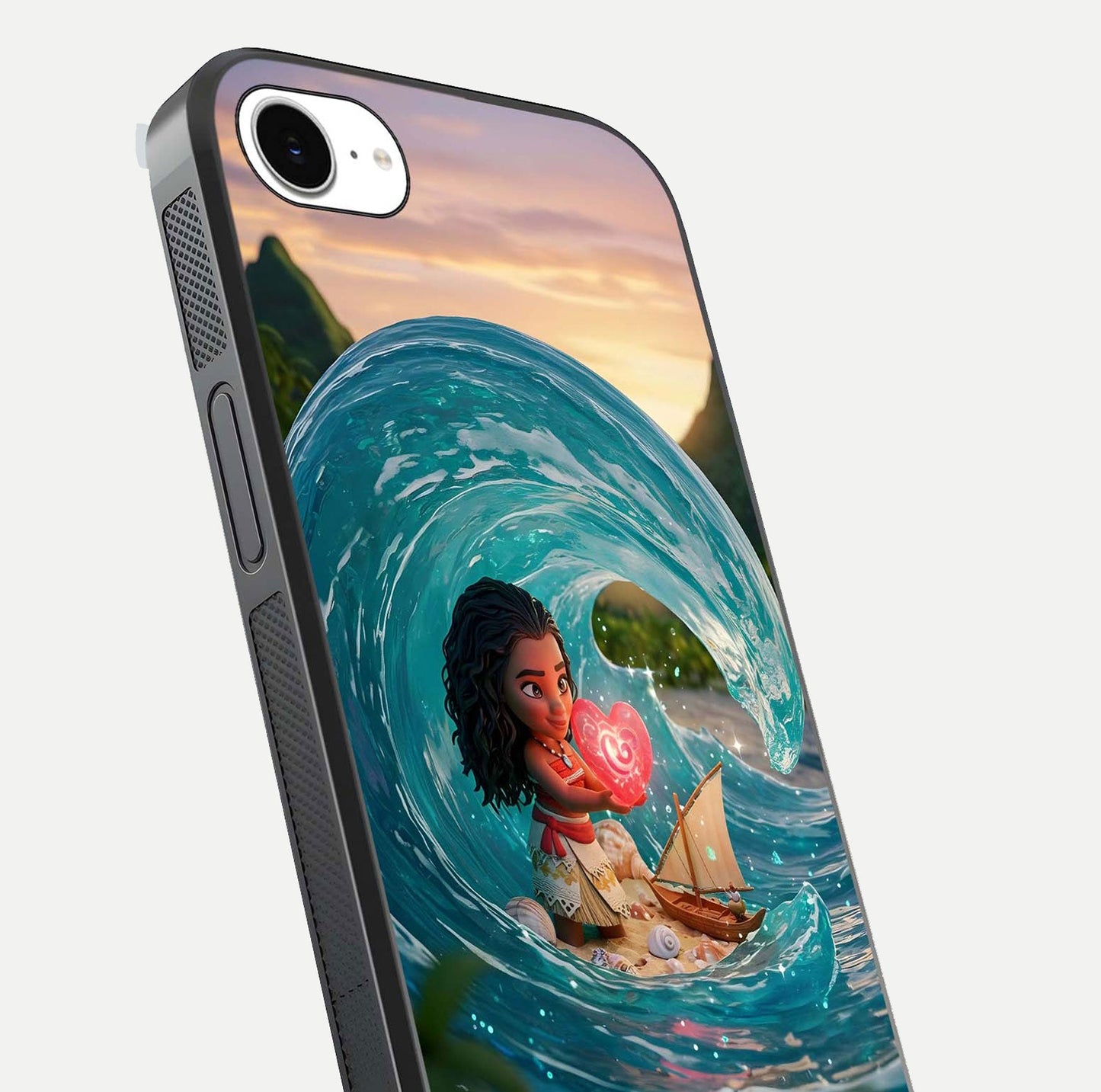 Heart of Ocean Glass Case for iPhone 16e close-up angled shot showing blue tones and reflection shine