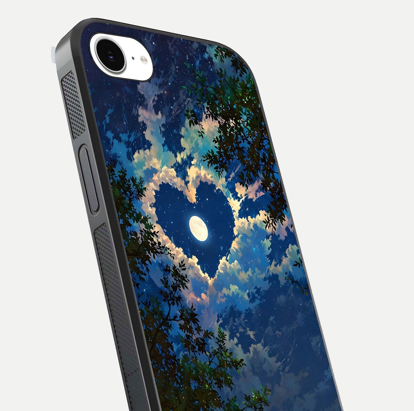 Heart with Moon Sky Glass Case for iPhone 16e close-up angled shot showing lunar reflection and shine detail