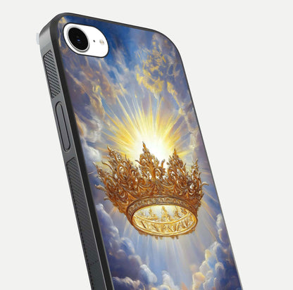 Heavenly Crown Light Glass Case for iPhone 16e close-up angled shot showing glowing halo details and smooth reflection