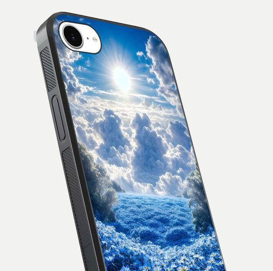 Heavenly Daisy Horizon Glass Case for iPhone 16e close-up angled shot showing daisy petal details and light reflection
