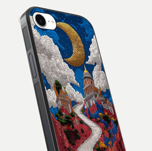 Heavenly Moon Path Glass Case for iPhone 16e close-up angled shot showing moon reflection and shimmer texture