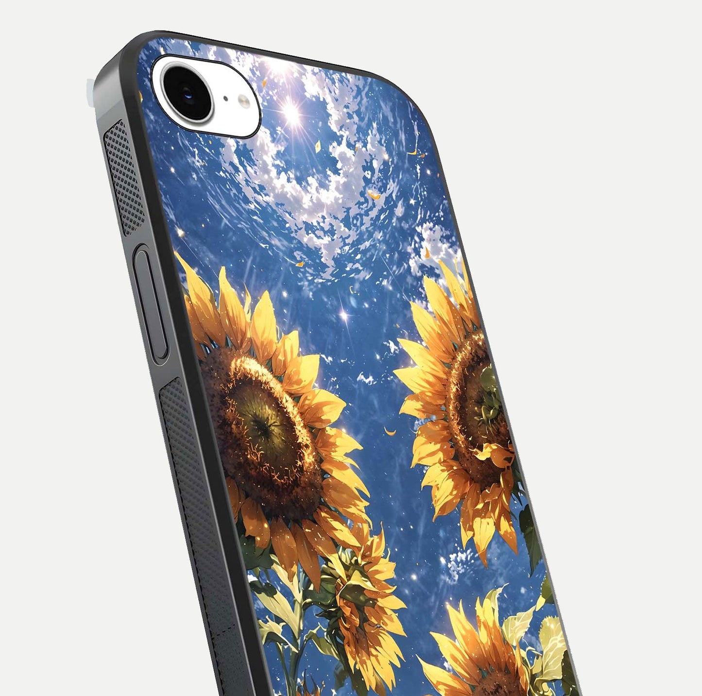 Heavenly Sunflower Rise Glass Case for iPhone 16e close-up angled shot showing sunflower texture and reflection polish